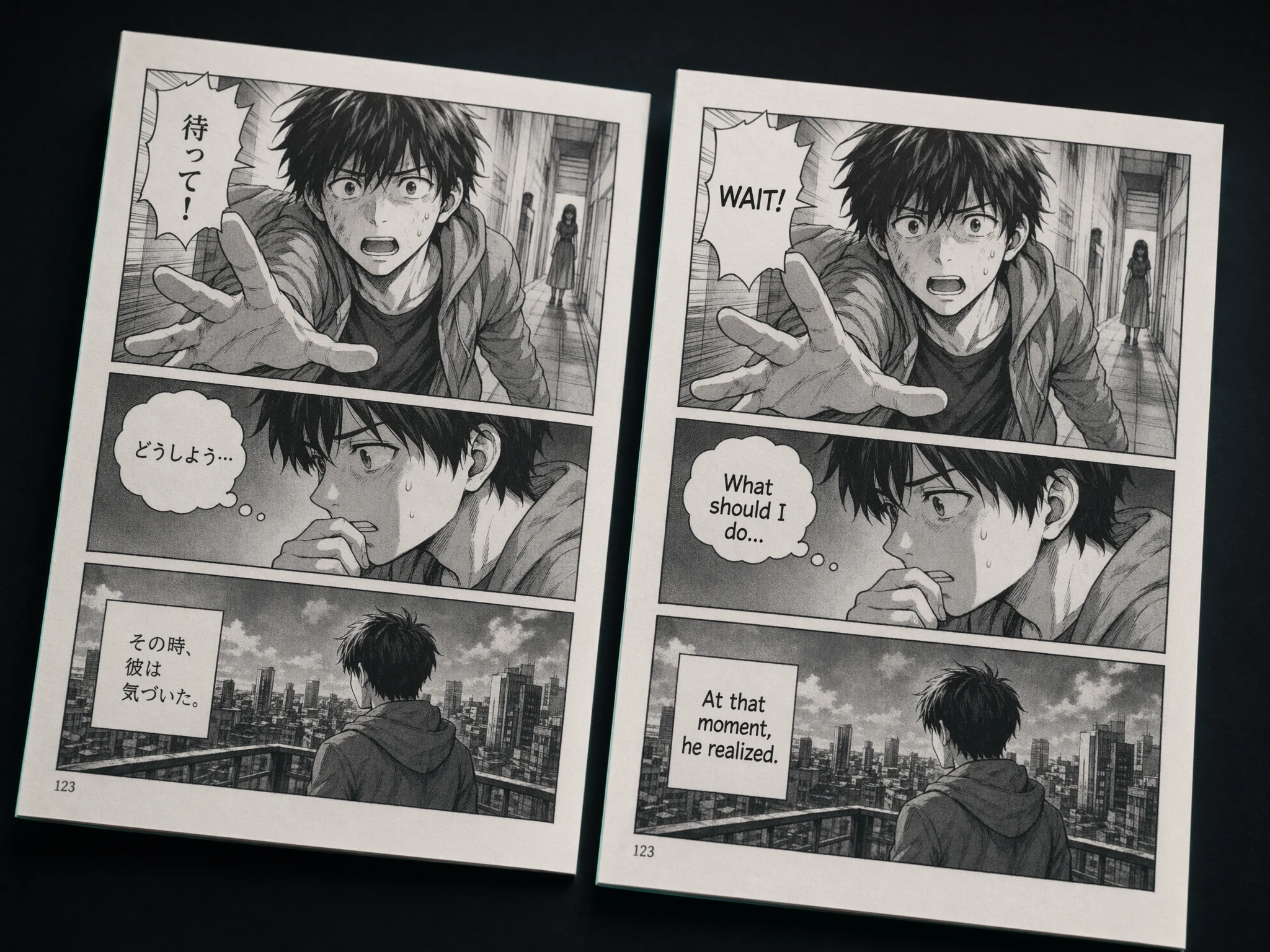 Manga page translated with speech bubbles detected and English text rendered in-place