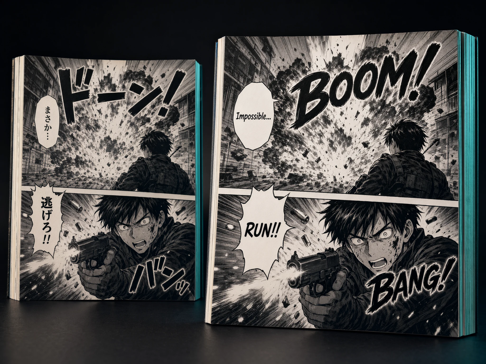 Vertical Japanese manga text and SFX translated into English